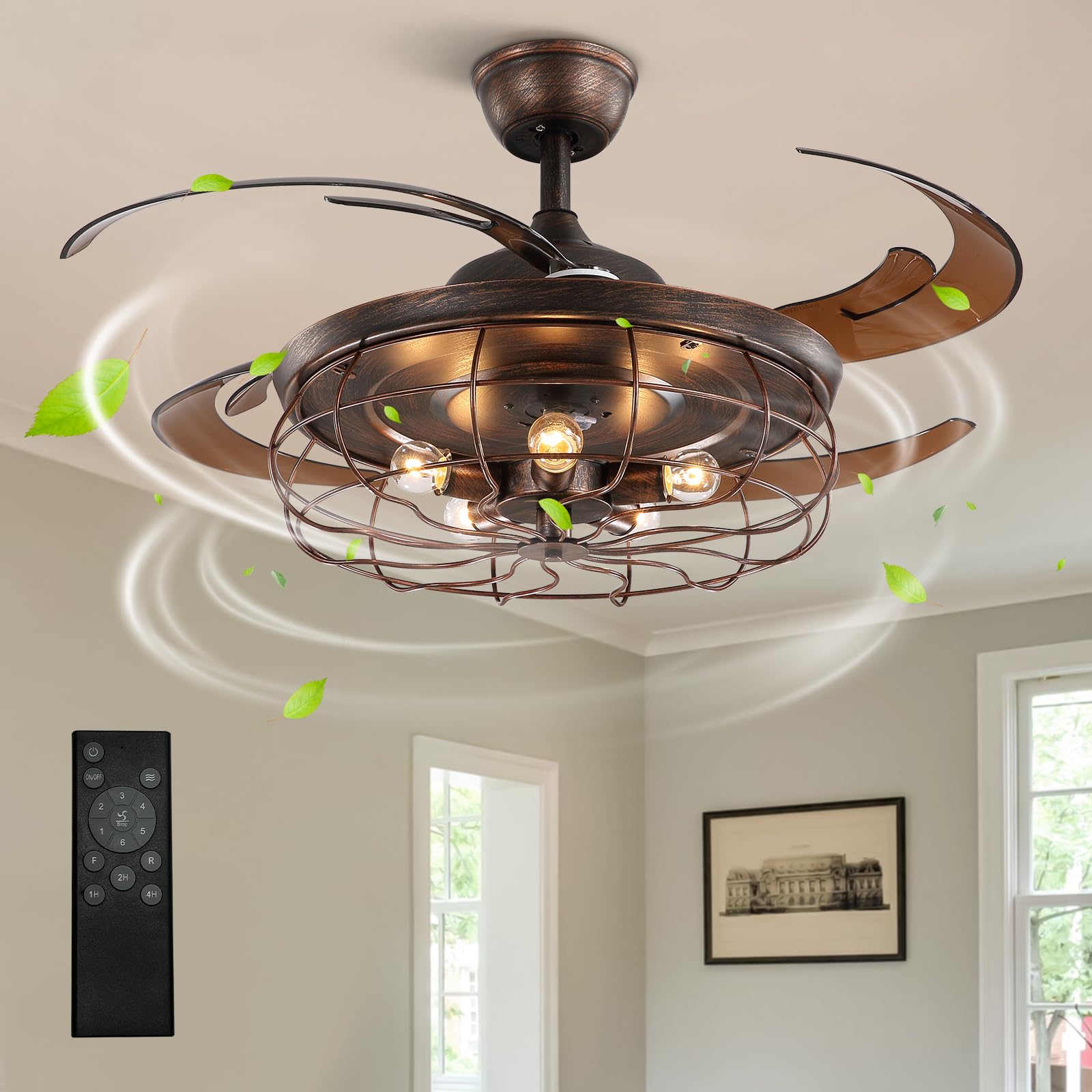 HGH　X1 CROSSIO 48 Inches Retractable Caged Ceiling Fan with Lights